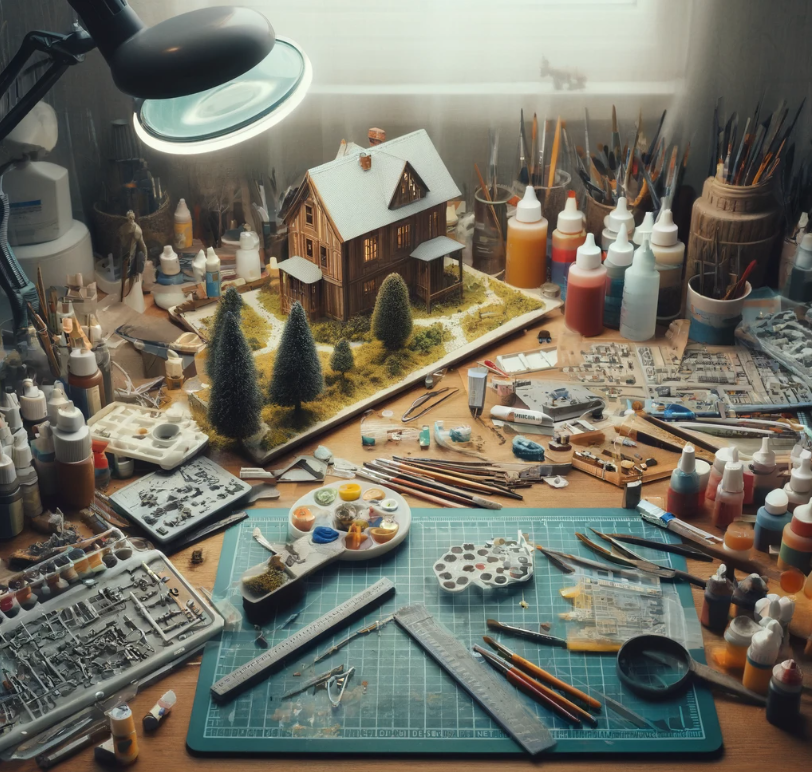 Ein Tisch voller Modellbauwerkzeuge und eine angefangene Miniatur.