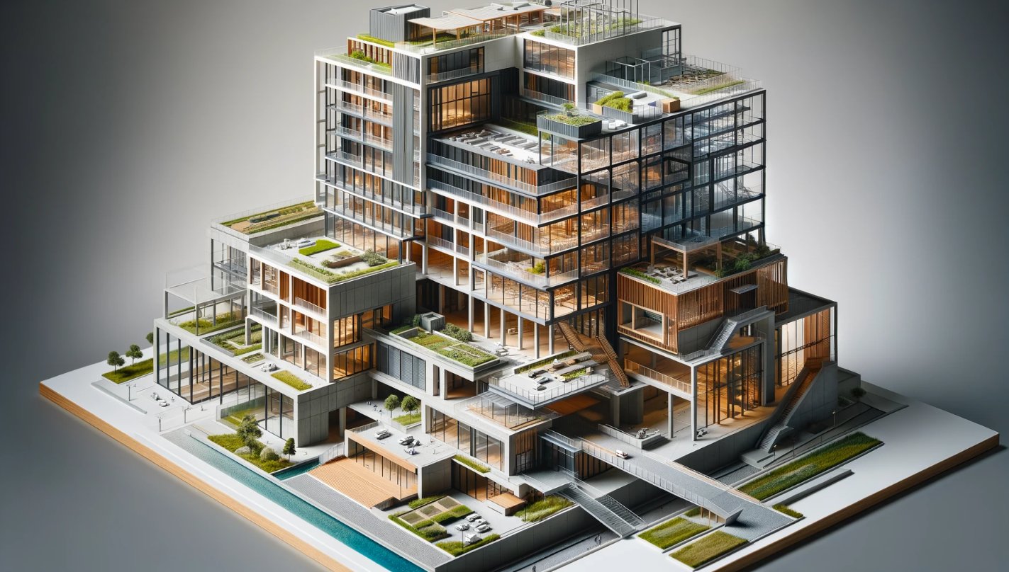 Detailliertes Architekturmodell eines modernen Gebäudes mit verschiedenen Baumaterialien.