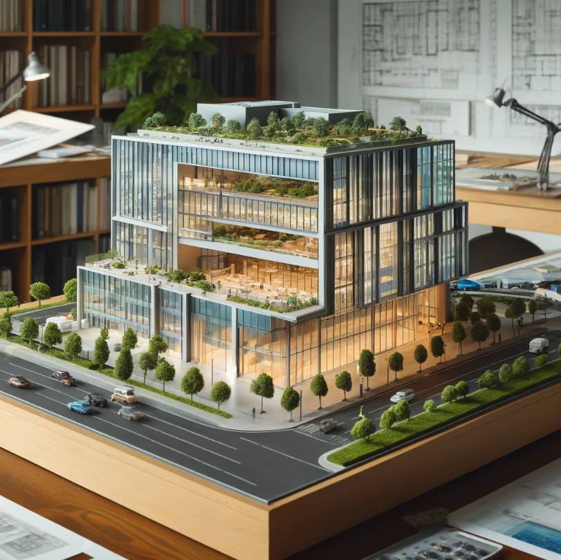 Detailliertes Architekturmodell eines modernen Gebäudes, gefertigt von Ari Modellbau in Berlin.