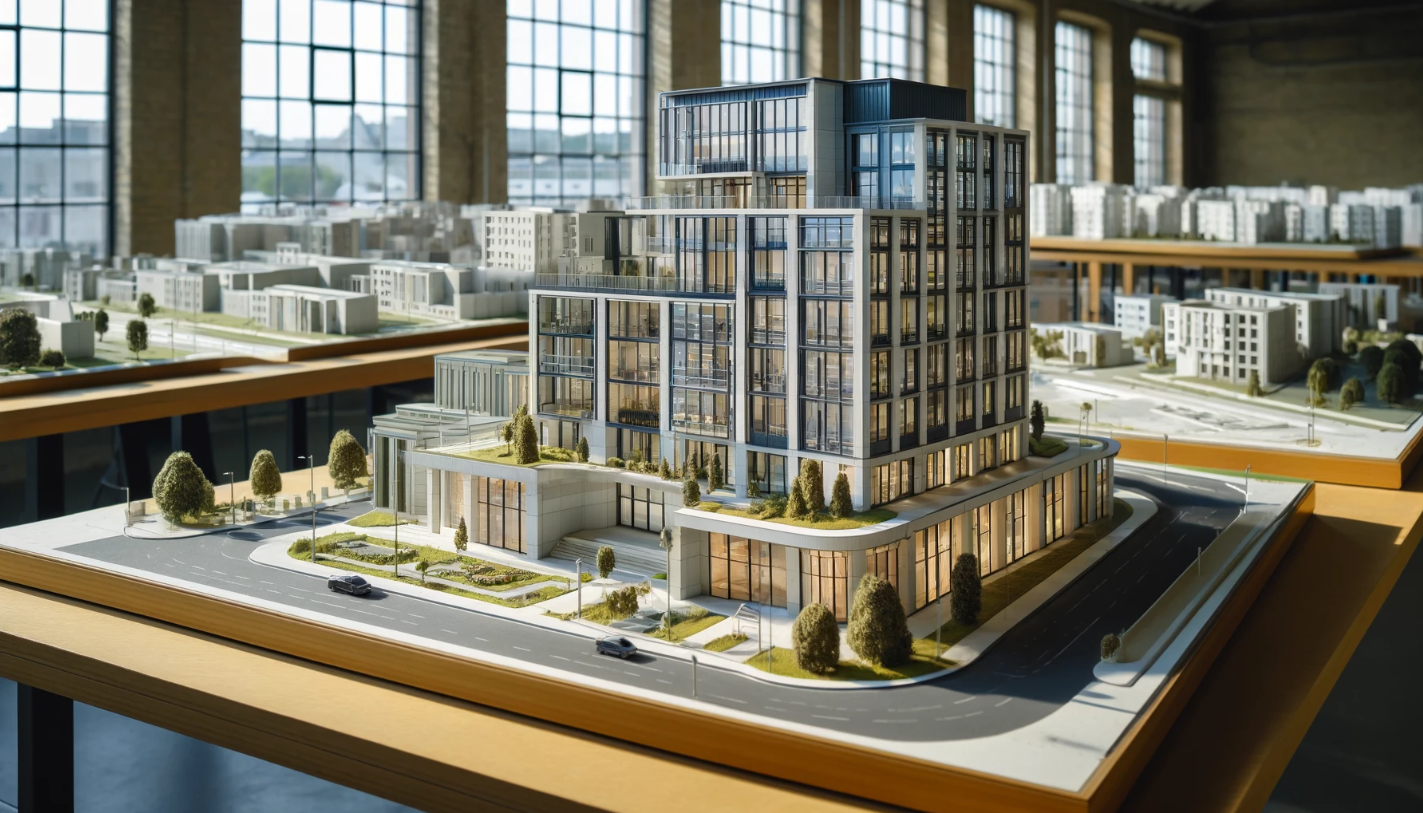 Detailliertes Architekturmodell eines modernen Gebäudes, gefertigt von Ari Modellbau in München.