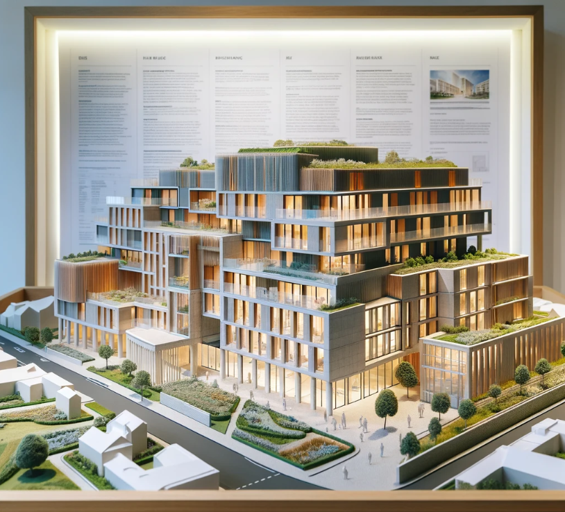 Detailliertes Architekturmodell eines modernen Gebäudes, gefertigt von Ari Modellbau in Köln.