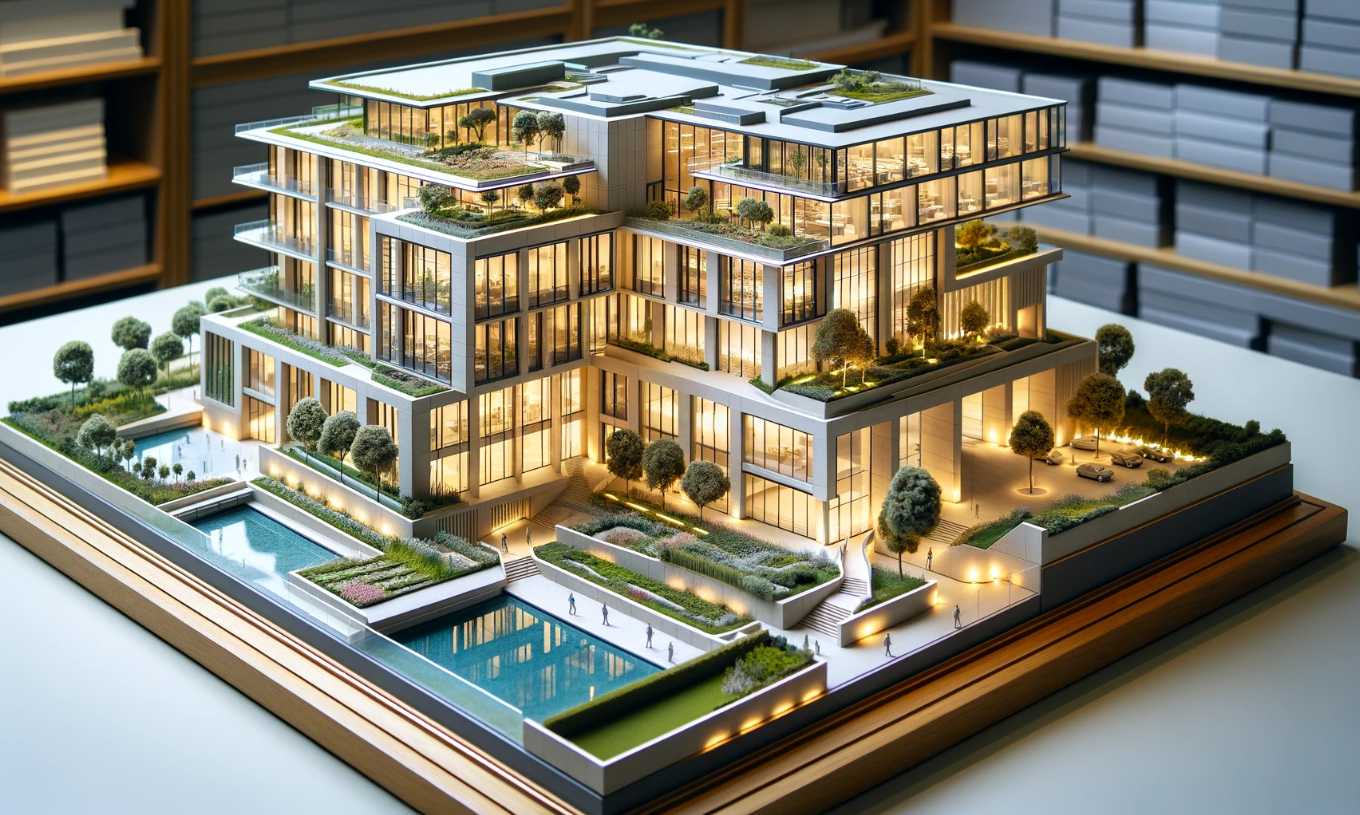 Detailliertes Architekturmodell eines modernen Gebäudes, gefertigt von Ari Modellbau in Stuttgart.