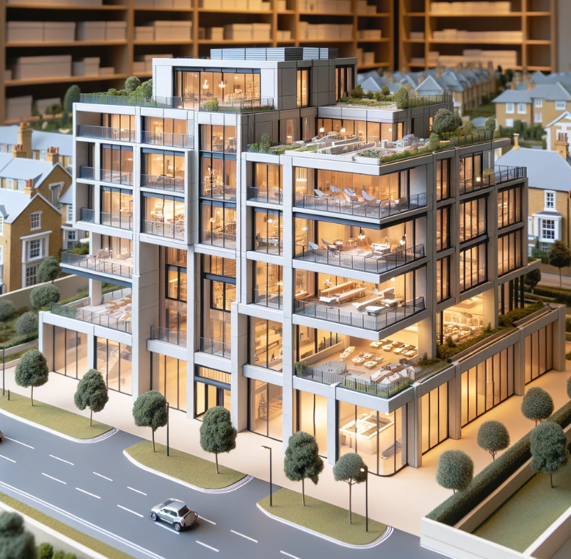 Detailliertes Architekturmodell eines modernen Gebäudes, gefertigt von Ari Modellbau in Dortmund.
