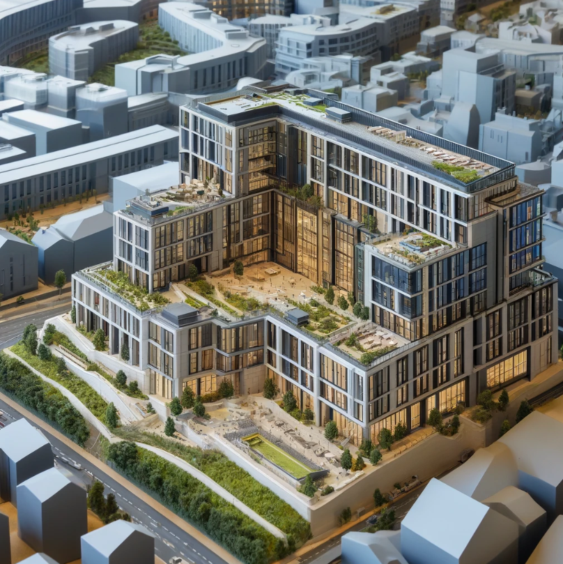Detailliertes Architekturmodell eines modernen Gebäudes, gefertigt von Ari Modellbau in Essen.