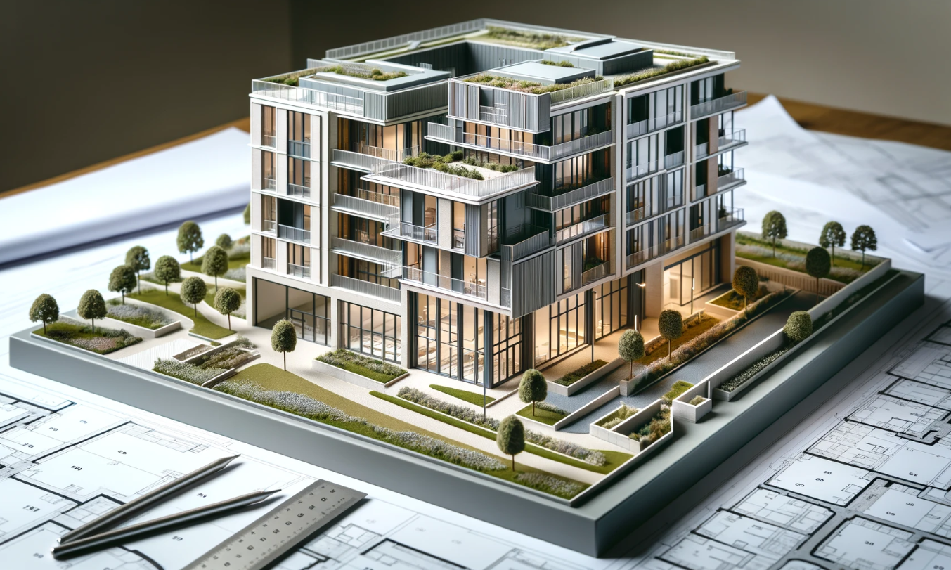 Detailliertes Architekturmodell eines modernen Gebäudes, gefertigt von Ari Modellbau in Nürnberg.