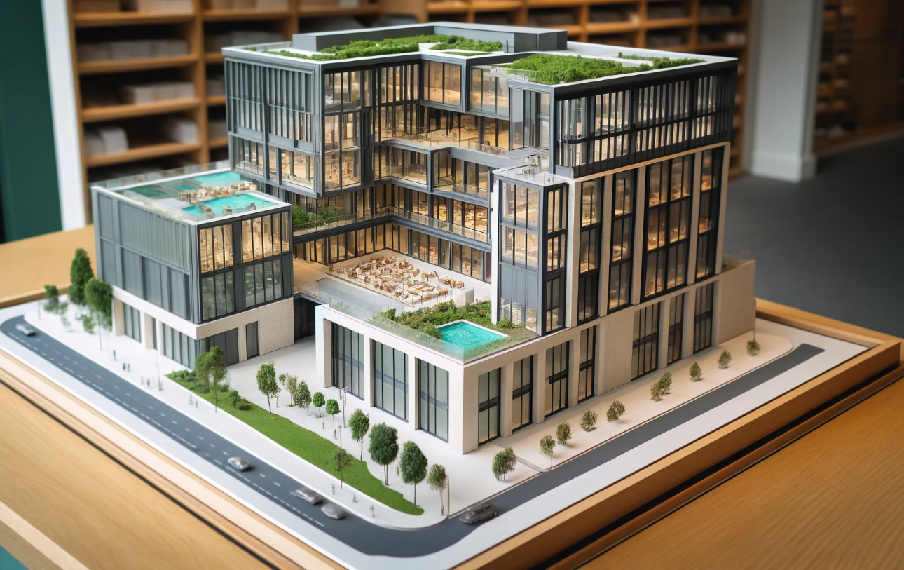 Detailliertes Architekturmodell eines modernen Gebäudes, gefertigt von Ari Modellbau in Wuppertal.