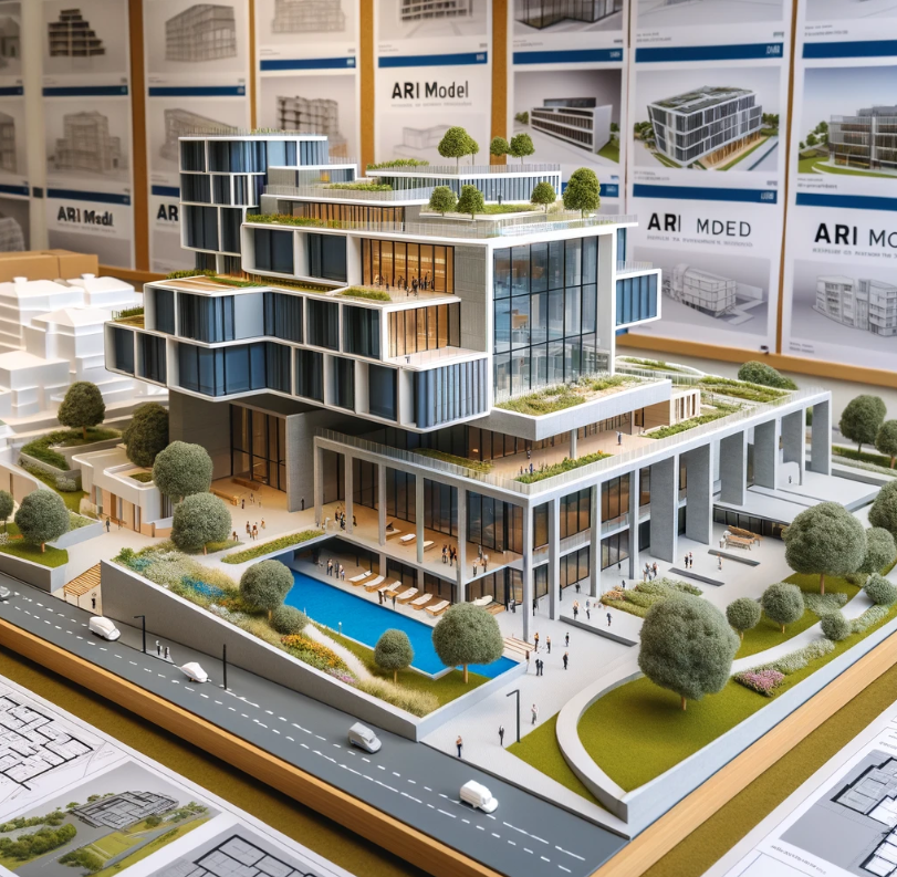  Detailliertes Architekturmodell eines modernen Gebäudes, gefertigt von Ari Modellbau in Mannheim.