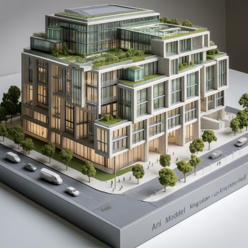 Detailliertes Architekturmodell eines modernen Gebäudes, gefertigt von Ari Modellbau in Karlsruhe.