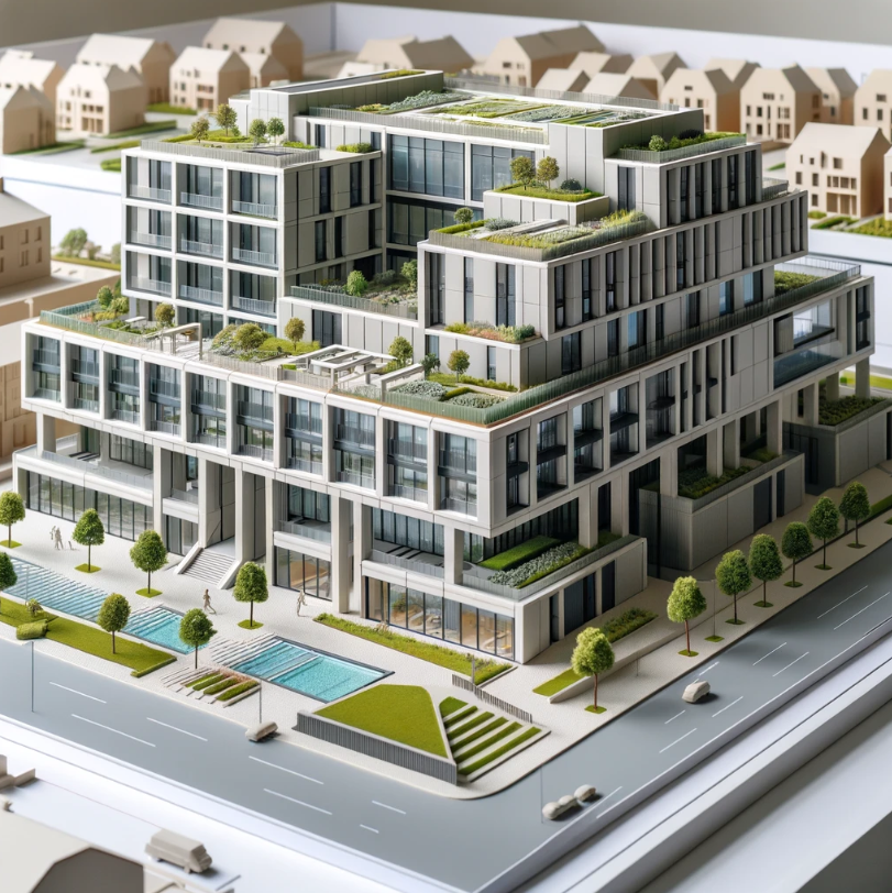 Detailliertes Architekturmodell eines modernen Gebäudes, gefertigt von Ari Modellbau in Münster.
