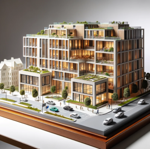 Detailliertes Architekturmodell eines modernen Gebäudes, gefertigt von Ari Modellbau in Wiesbaden.
