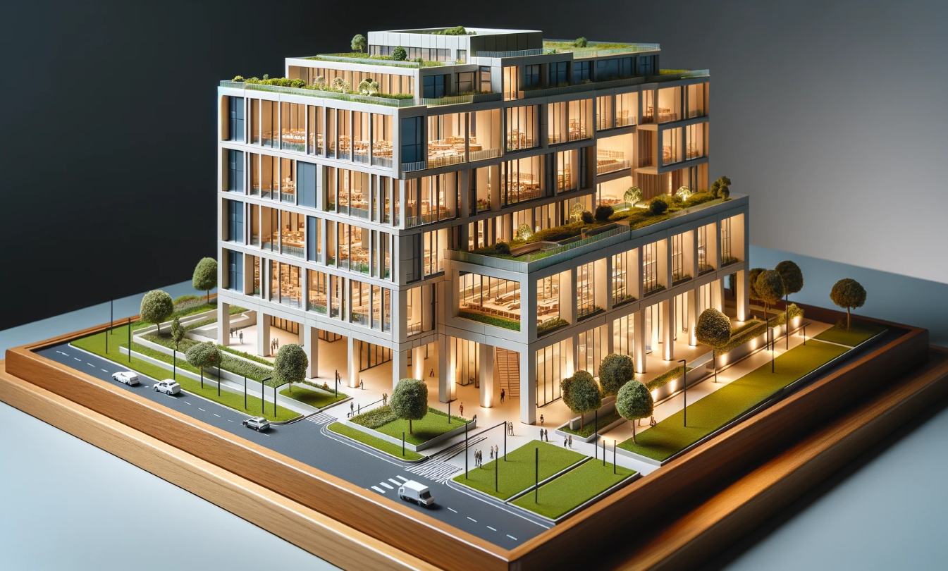 Detailliertes Architekturmodell eines modernen Gebäudes, gefertigt von Ari Modellbau in Mönchengladbach.