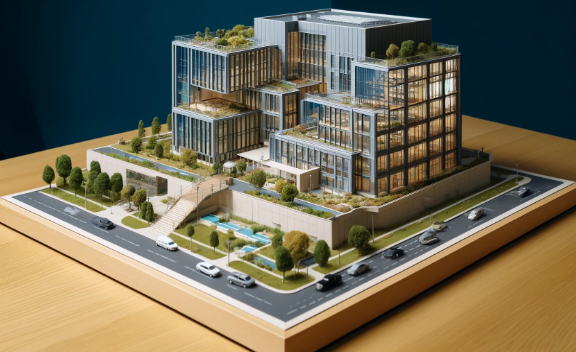 Detailliertes Architekturmodell eines modernen Gebäudes, erstellt von Ari Modellbau in Krefeld.
