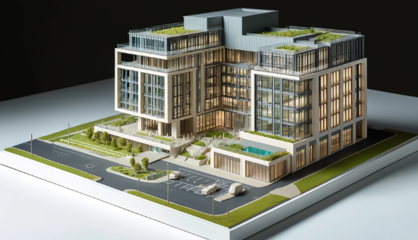 Detailliertes architektonisches Modell eines modernen Gebäudes, erstellt von Ari Modellbau in Halle (Saale).