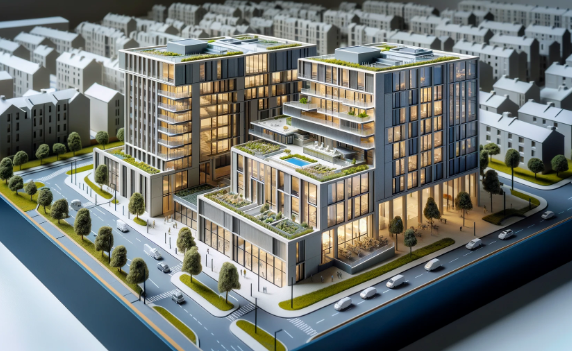 Detailliertes Architekturmodell eines modernen Gebäudes, erstellt von Ari Modellbau in Magdeburg.
