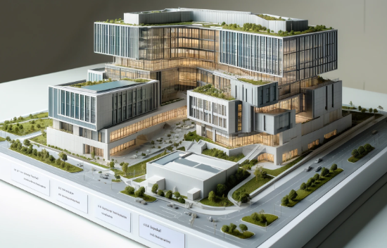 Detailliertes architektonisches Modell eines modernen Gebäudes, erstellt von Ari Modellbau in Oberhausen.