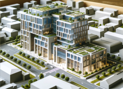 Detailliertes architektonisches Modell eines modernen Gebäudes, erstellt von Ari Modellbau in Rostock.