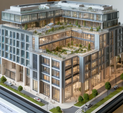 Detailliertes Architekturmodell eines Gebäudes in Saarbrücken, erstellt von Ari Modellbau.