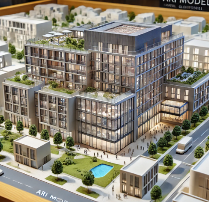 Detailliertes architektonisches Modell, erstellt von Ari Modellbau in Bielefeld.
