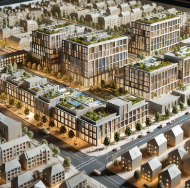 Ein detailliertes Architekturmodell eines Projekts in Pforzheim, erstellt von Ari Modellbau, das realistische Texturen und Bauweise zeigt.