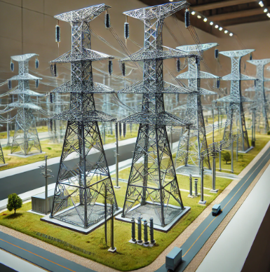 Ein detailliertes Stromübertragungsleitungsmodell, entworfen von Ari Modellbau, das technisches Know-how und innovative Gestaltung kombiniert. Ideal für professionelle Präsentationen, Bildungsprogramme und die Planung von Infrastrukturprojekten.