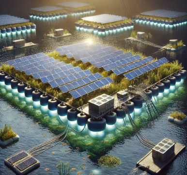 Ein detailliertes Schwimmendes Solarkraftwerksmodell von Ari Modellbau, das die Integration von Solarpanels auf schwimmenden Plattformen, die Energieumwandlungssysteme und die Wechselwirkungen mit Wasserökosystemen zeigt. Perfekt für technische Präse