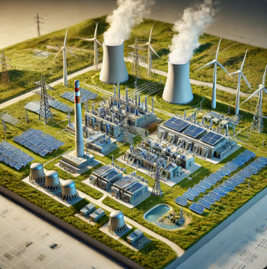 Das Hybrid-Energiesystemmodell von Ari Modellbau, das zeigt, wie Solar-, Wind- und konventionelle Energiequellen in einem effizienten und nachhaltigen Energiesystem kombiniert werden. Ideal für die Visualisierung von Energieprojekten, technische Anal
