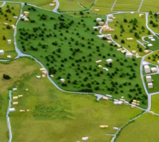 Ein hochdetailliertes und anschauliches Architekturmodell von ARI Model, das ein landwirtschaftliches Maschinensystem mit erneuerbarer Energie darstellt. Dieses fortschrittliche Bildungsmodell enthält solarbetriebene Traktoren, windunterstützte Bewäs