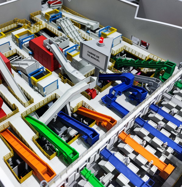 Ein hochdetailliertes Präsentationsmodell, erstellt von ARI Modellbau, das eine architektonische Struktur mit realistischen Oberflächen, Miniatur-Landschaftsgestaltung und feinen Konstruktionsdetails zeigt. Dieses maßgeschneiderte Modell wird für Unt