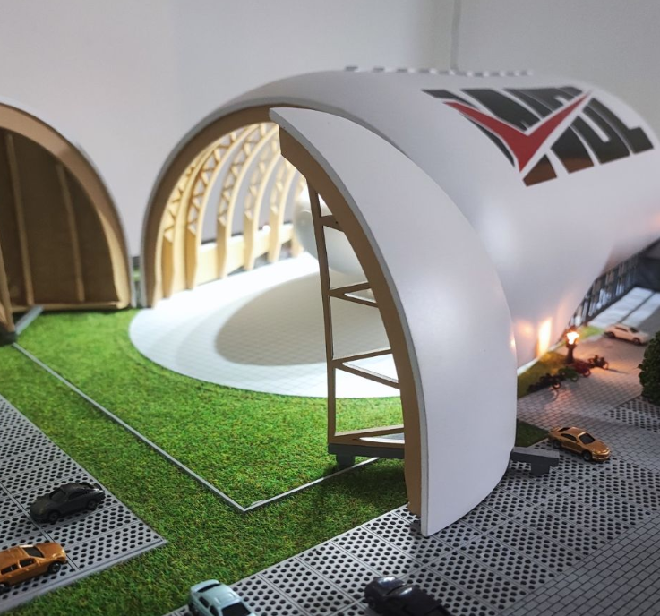 Ein äußerst realistisches physisches Modell, entwickelt von ARI Modellbau für Aussteller auf der Space Tech Expo. Das Modell kombiniert Präzision auf Luft- und Raumfahrtniveau, abgestimmte Lichttechnik und dynamische Animationen, um die Sichtbarkeit 