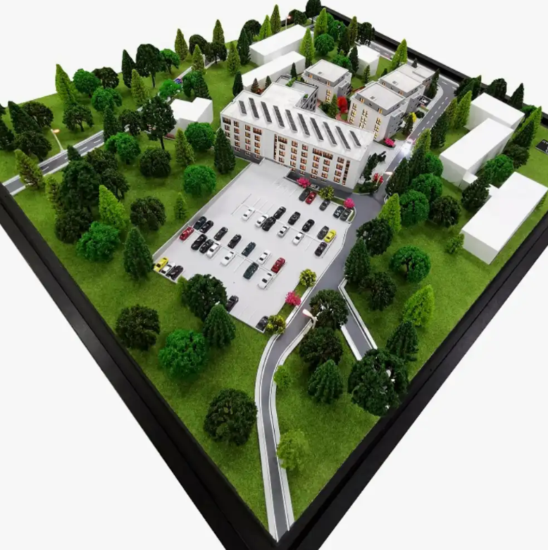 Ein individuell gefertigtes physisches Architekturmodell von ARI Modellbau, ausgestellt auf der Messe Batimat. Es zeigt innovative architektonische Lösungen, detaillierte Strukturpläne und moderne Designkomponenten. Das Modell verfügt über realistisc