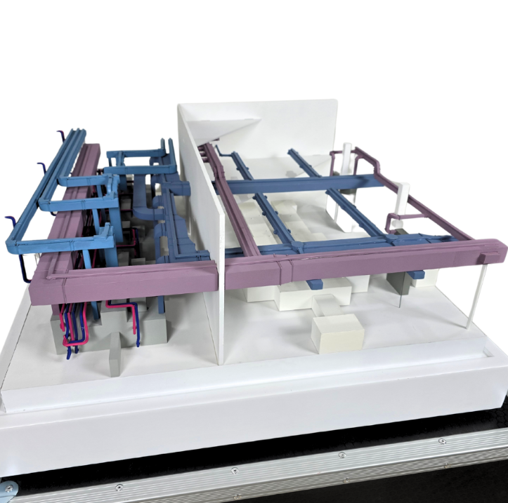 Detailliertes Logistikmodell von ARI Modellbau, das Lagerhaussysteme, Automationsabläufe, Intralogistik und intelligente Materialflusstechnologien zeigt.