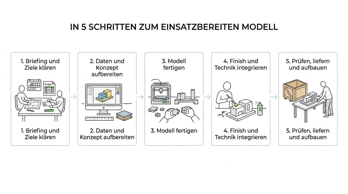 Ein Ablaufdiagramm zeigt die Schritte vom Briefing über Datenaufbereitung und Fertigung bis zu Finish, Lieferung und Montage eines Modellbauprojekts.
