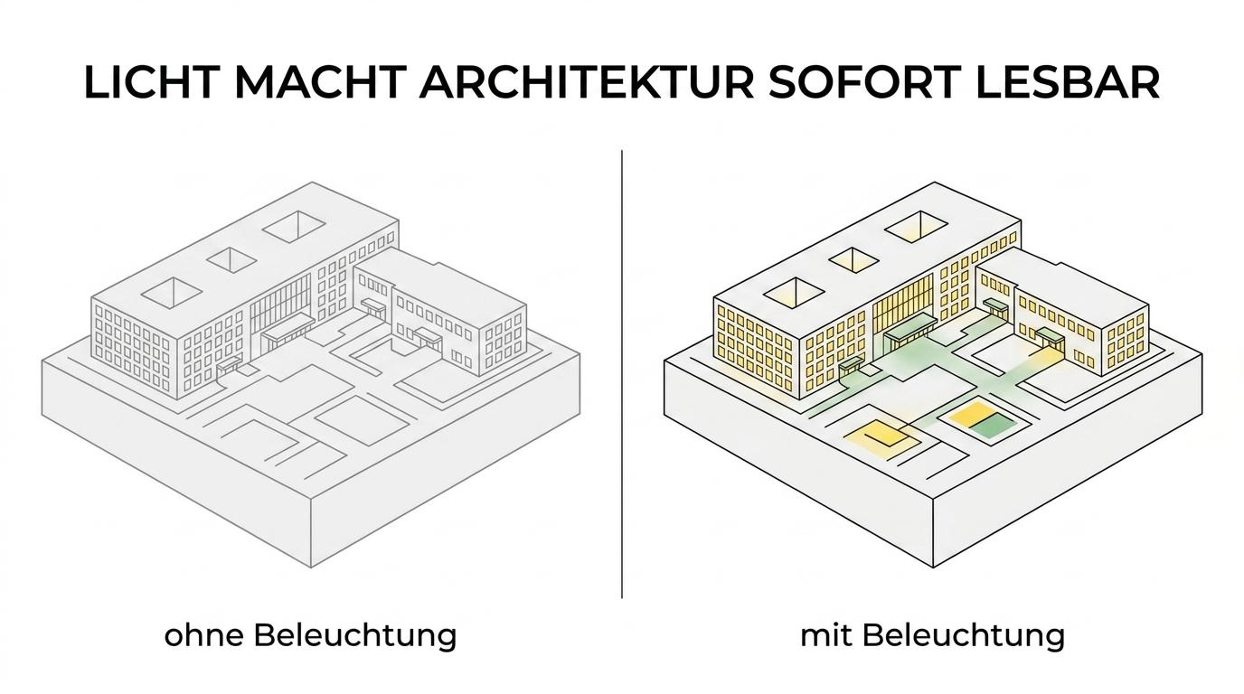 Seitenvergleich zwischen Plänen oder Bildschirmdarstellung und einem beleuchteten Architekturmodell mit leuchtenden Fenstern und hervorgehobenen Wegen.