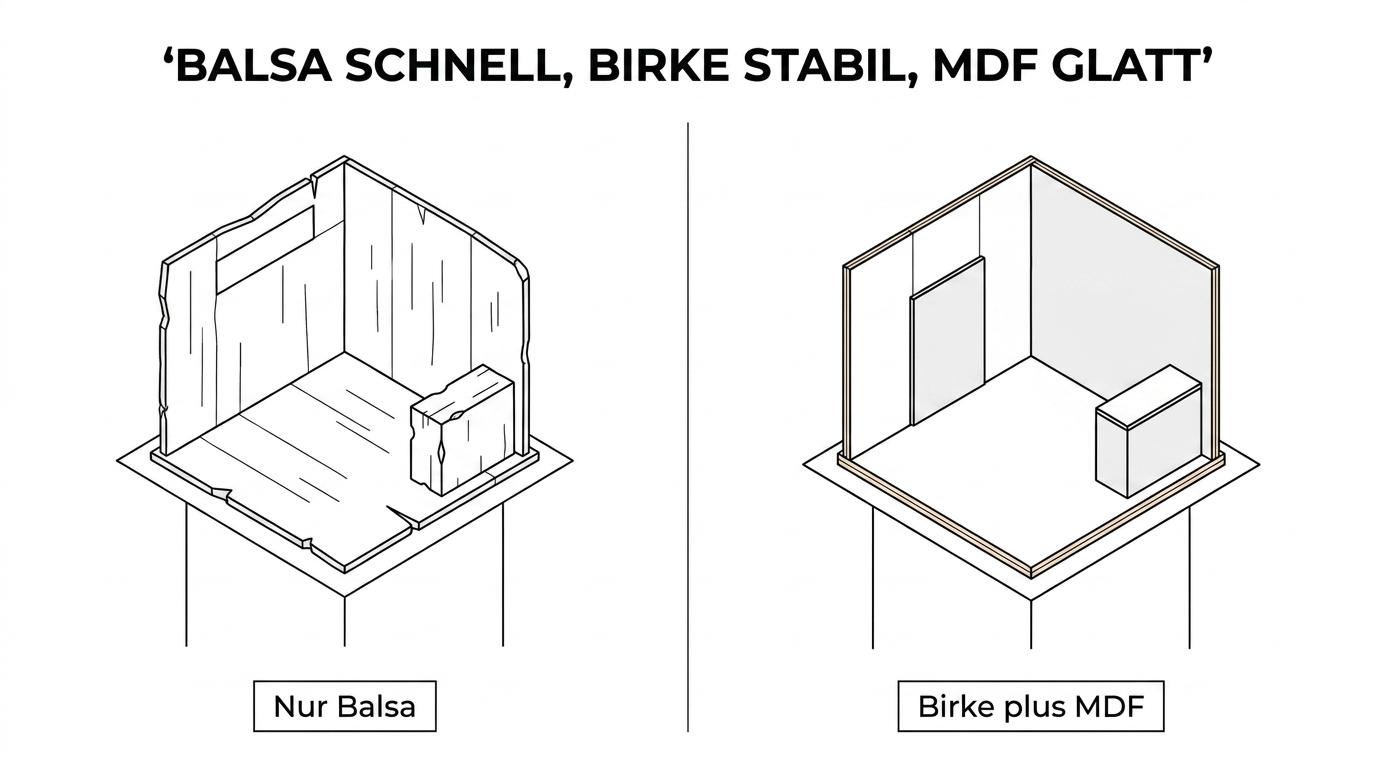 Direkter Vergleich von Balsaholz, Birken-Sperrholz und MDF mit ihren Stärken für Messemodelle.