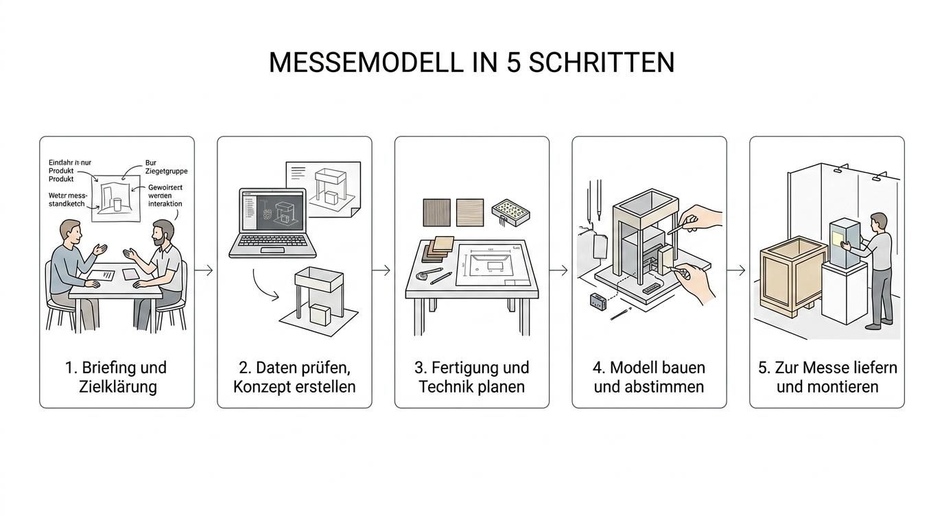 Fünfstufiger Ablauf für ein Messemodell von Briefing und Datenprüfung bis Transport, Montage und Übergabe.