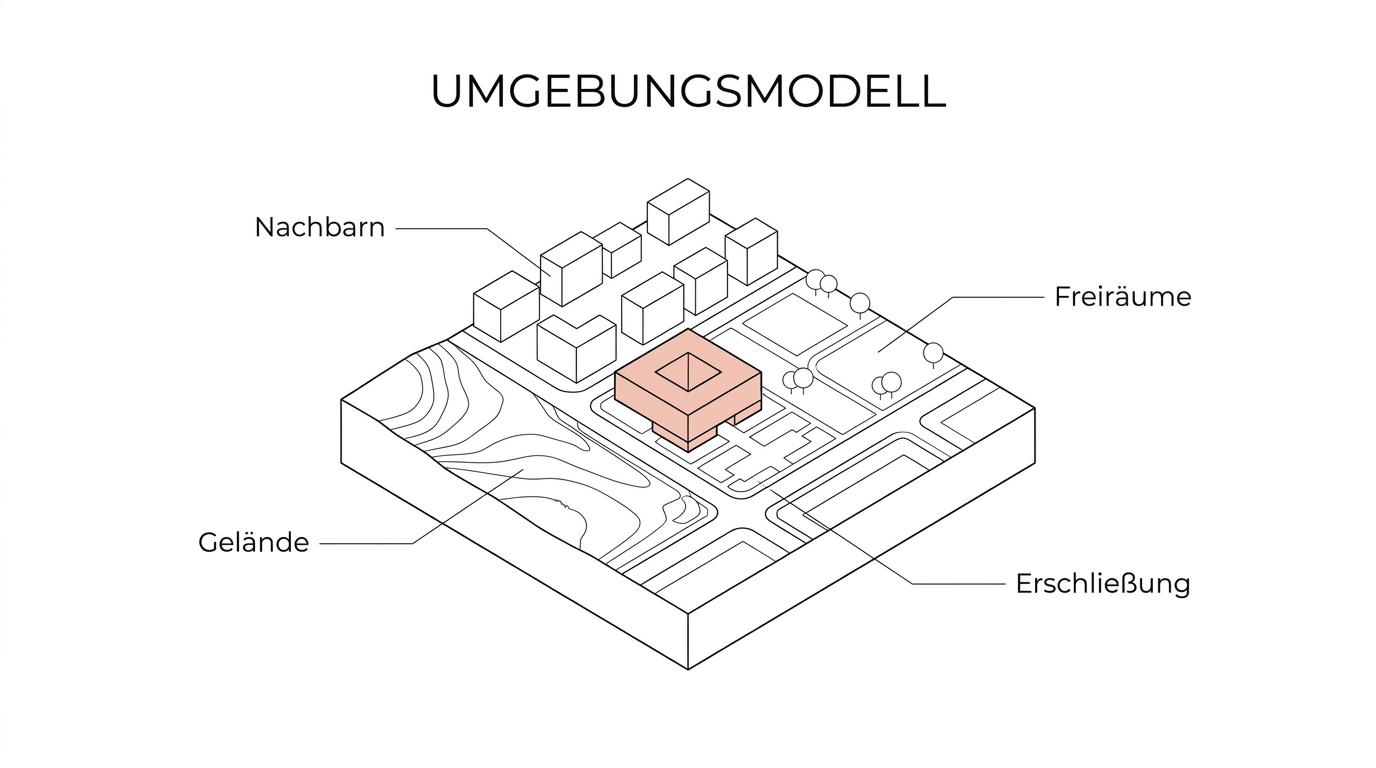 Beschriftetes Umgebungsmodell mit Baukörper, Nachbargebäuden, Straßen, Freiräumen, Topografie und Erschließung.