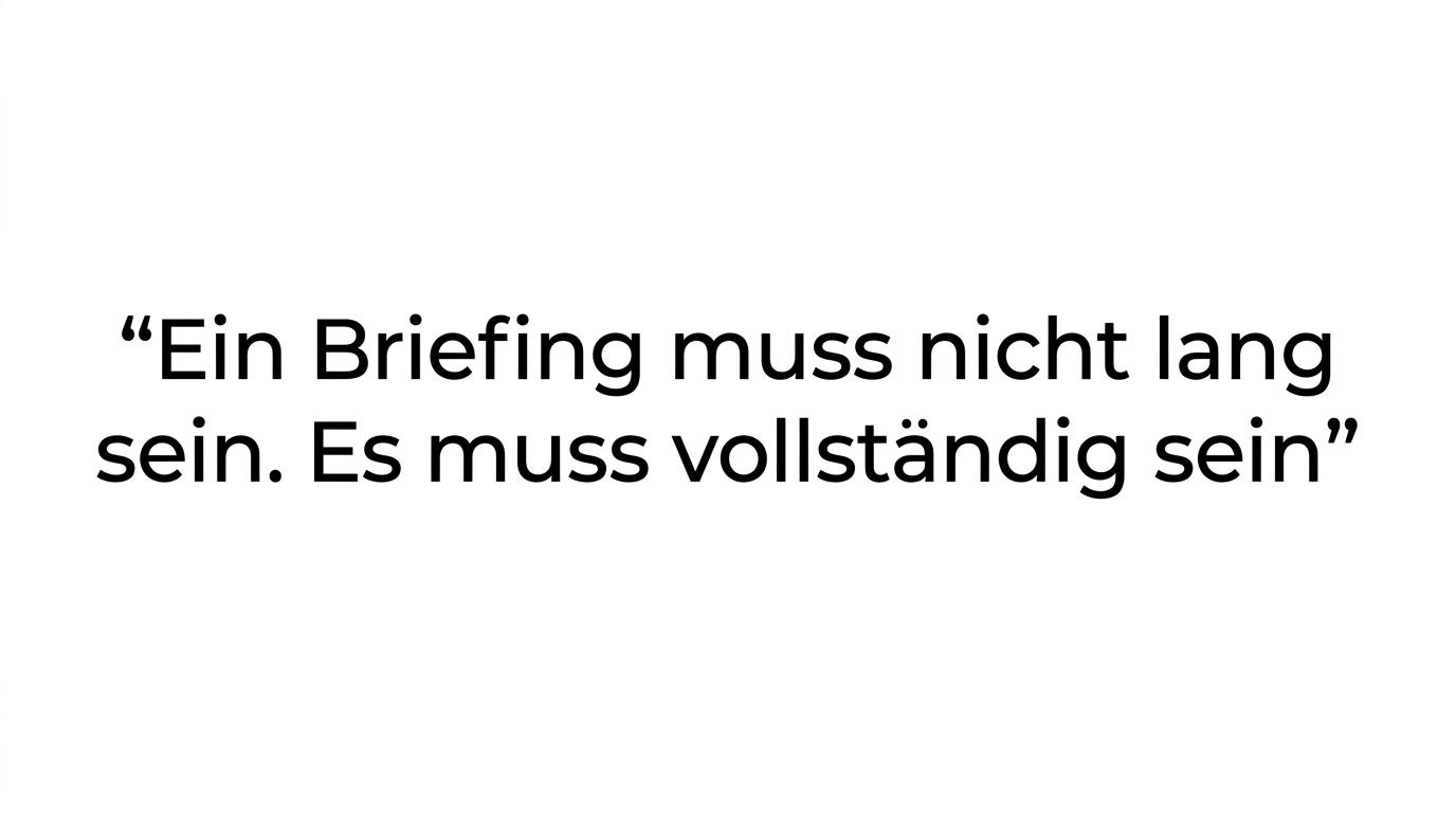 Zitatgrafik mit der Kernaussage, dass ein Briefing nicht lang, sondern vollständig sein muss.