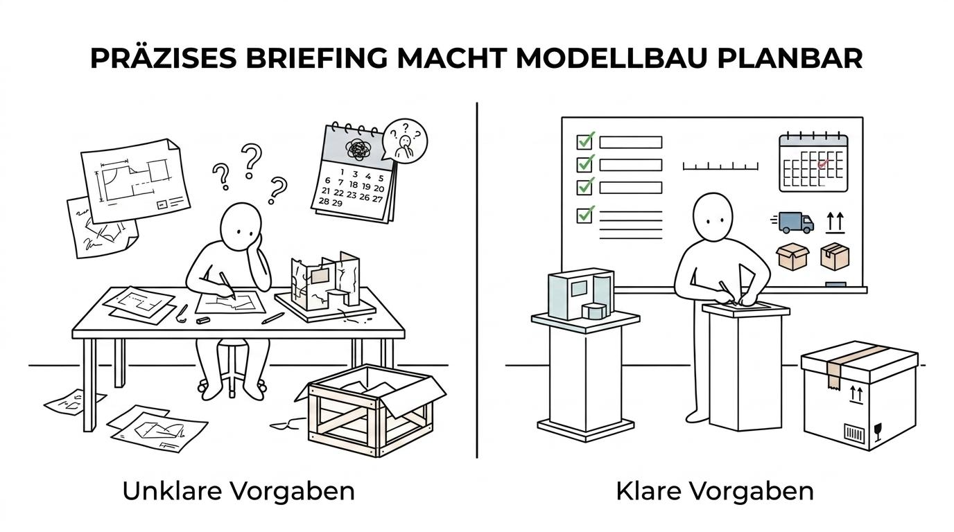 Gegenüberstellung eines vagen Briefings mit offenen Formulierungen und eines präzisen Messemodell-Briefings mit konkreten Angaben zu Maßstab, Licht, Transport und Termin.