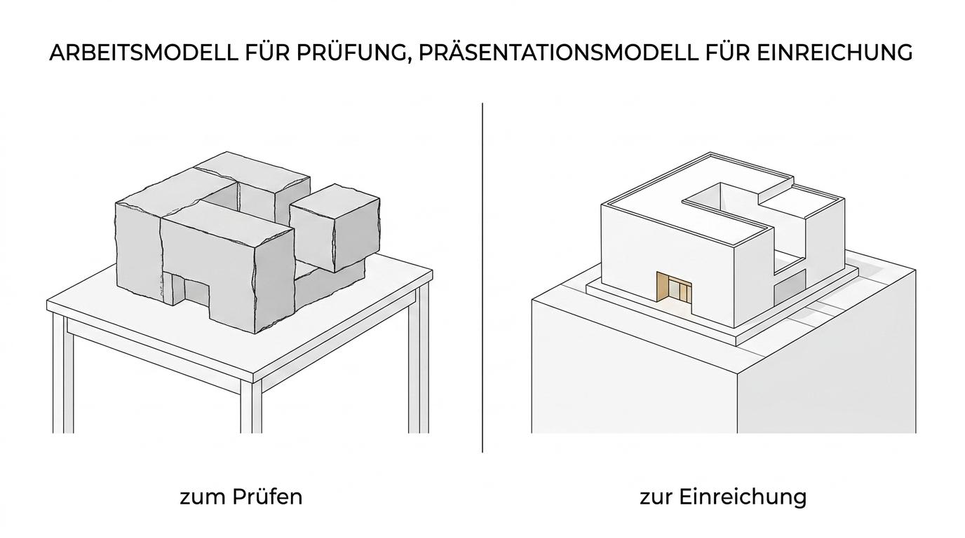 Zwei Architekturmodelle im direkten Vergleich: links ein grobes Arbeitsmodell aus Karton, rechts ein präzises weißes Präsentationsmodell auf sauberem Sockel.