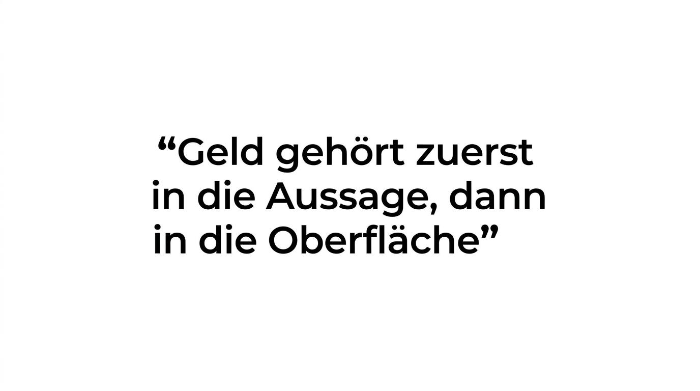 Hervorgehobenes Zitat mit dem Satz: Geld gehört zuerst in die Aussage, dann in die Oberfläche.