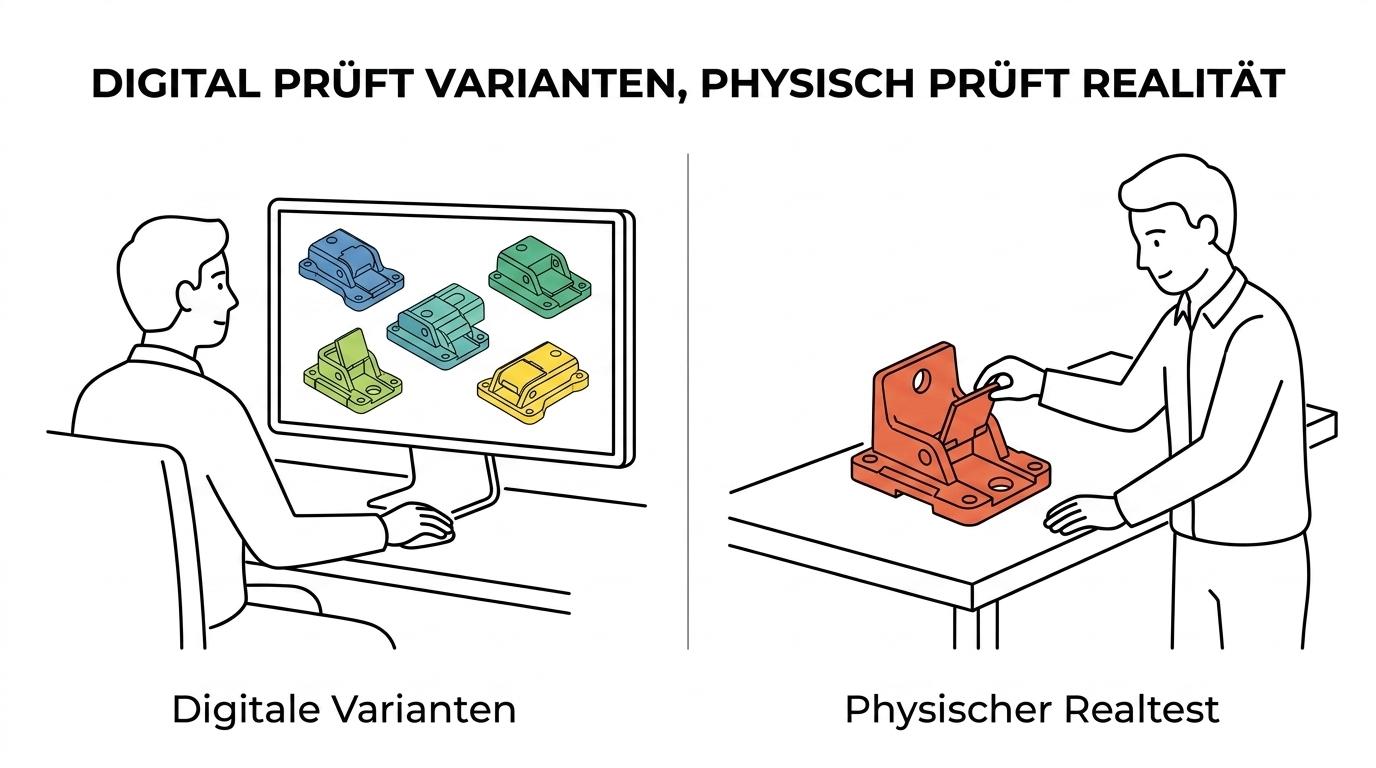 Gegenüberstellung eines digitalen CAD-Prototyps auf einem Bildschirm und eines physischen Produktprototyps auf einem Arbeitstisch.