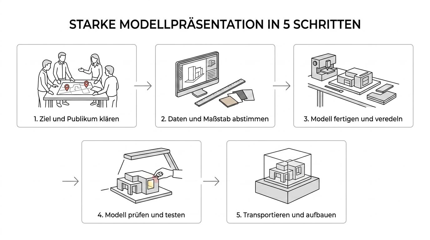 Five-step workflow showing an architectural presentation model from briefing and scale selection to fabrication, quality control, transport, and on-site installation.