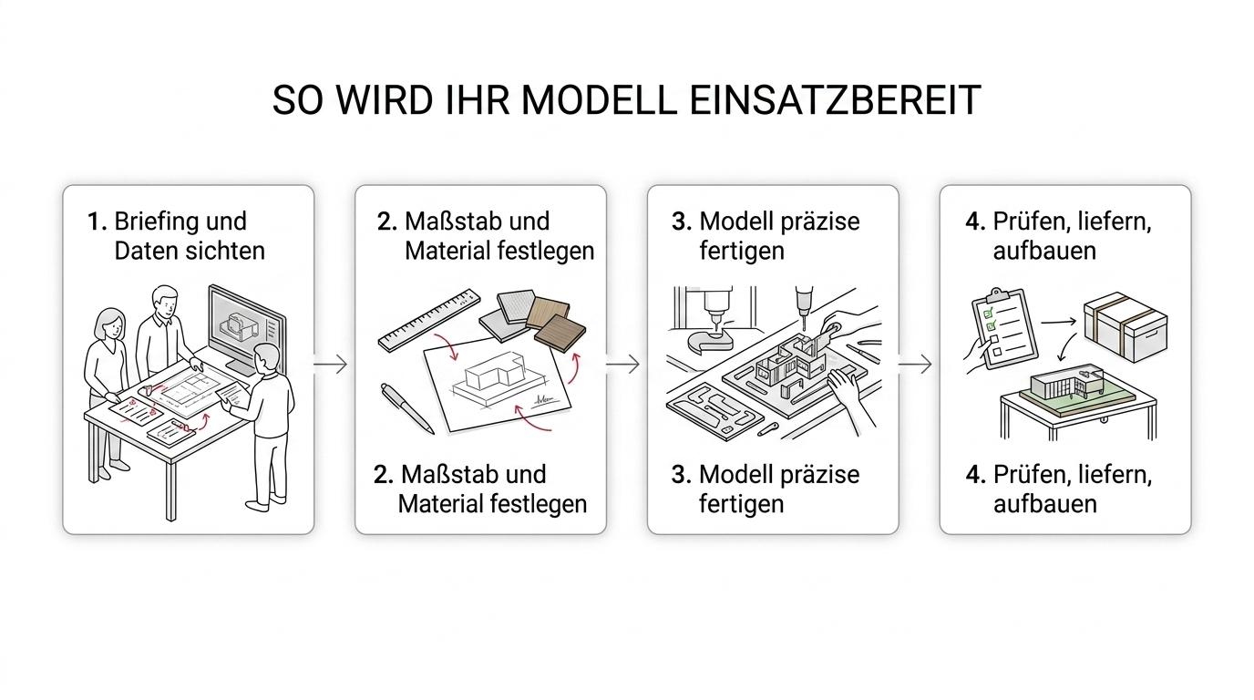 Ein fünfstufiger Ablauf von Briefing und Datensichtung über Materialwahl und Fertigung bis zu Qualitätskontrolle, Lieferung und Installation des Maßstabsmodells.
