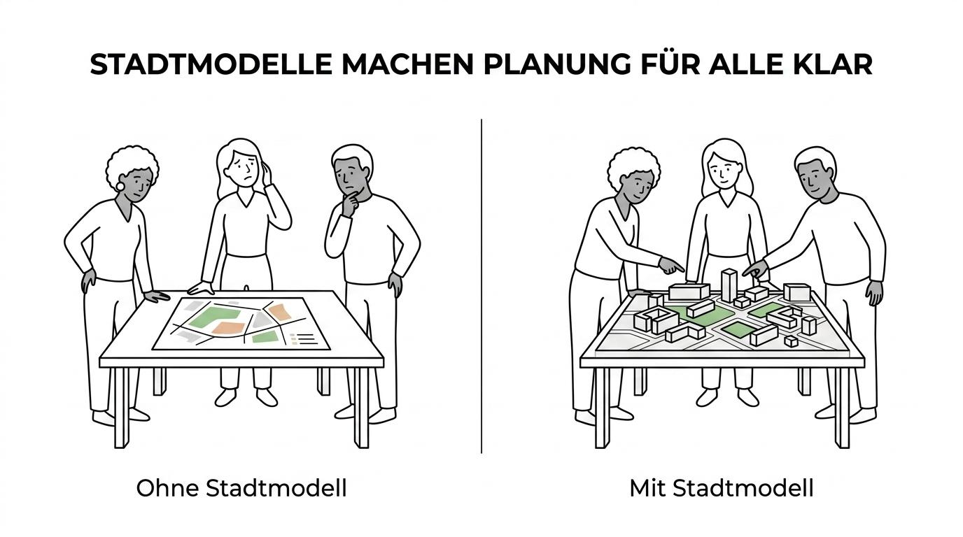 Nebeneinander ein flacher Stadtplan und ein physisches Stadtmodell, an dem mehrere Personen Gebäudehöhen, Wege und Freiräume betrachten.