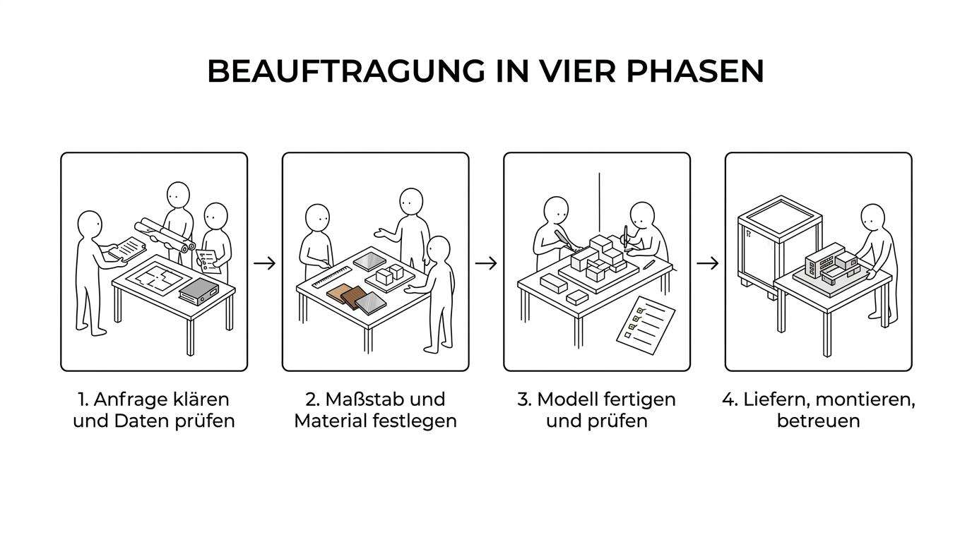 Grafik mit vier Phasen zur Beauftragung eines Architekturmodells von Anfrage bis Lieferung und Montage.