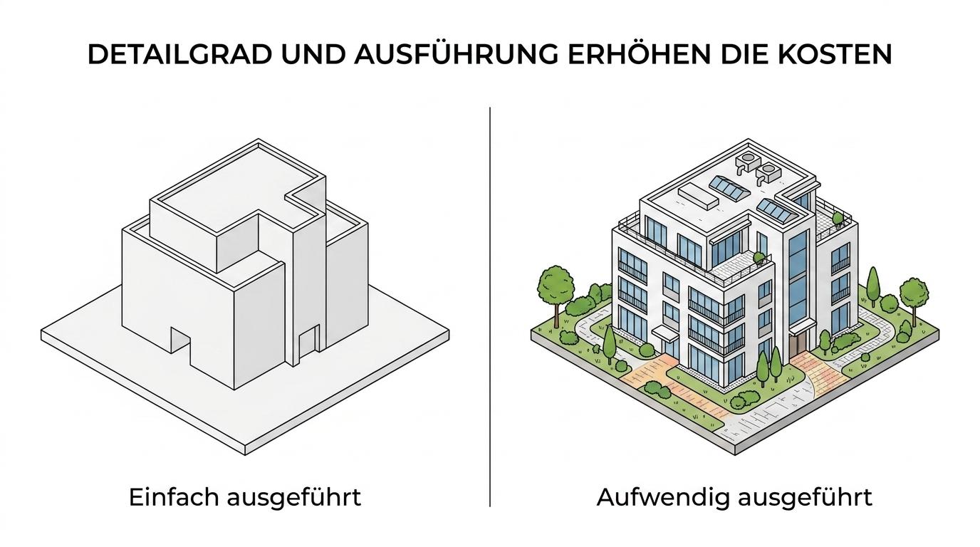Zwei Architekturmodelle im Vergleich: links ein schlichtes weißes Arbeitsmodell, rechts ein detailreiches Präsentationsmodell mit Umgebung und Beleuchtung.