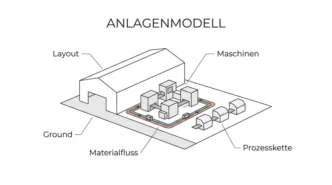Beschriftetes Anlagenmodell einer Fabrik mit markierten Produktionslinien, Materialflüssen, Sicherheitszonen und Schnittstellen.