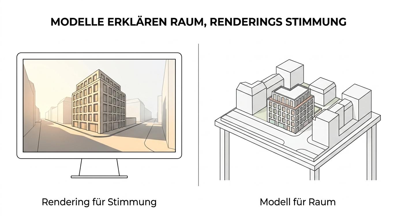 Seitenvergleich eines physischen Architekturmodells auf einem Tisch und eines fotorealistischen Gebäuderenderings auf einem Monitor.
