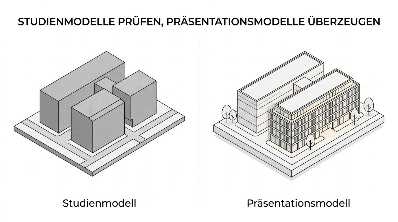 Side-by-side architecture models of the same project, one simplified as a study model and one highly refined as a presentation model.