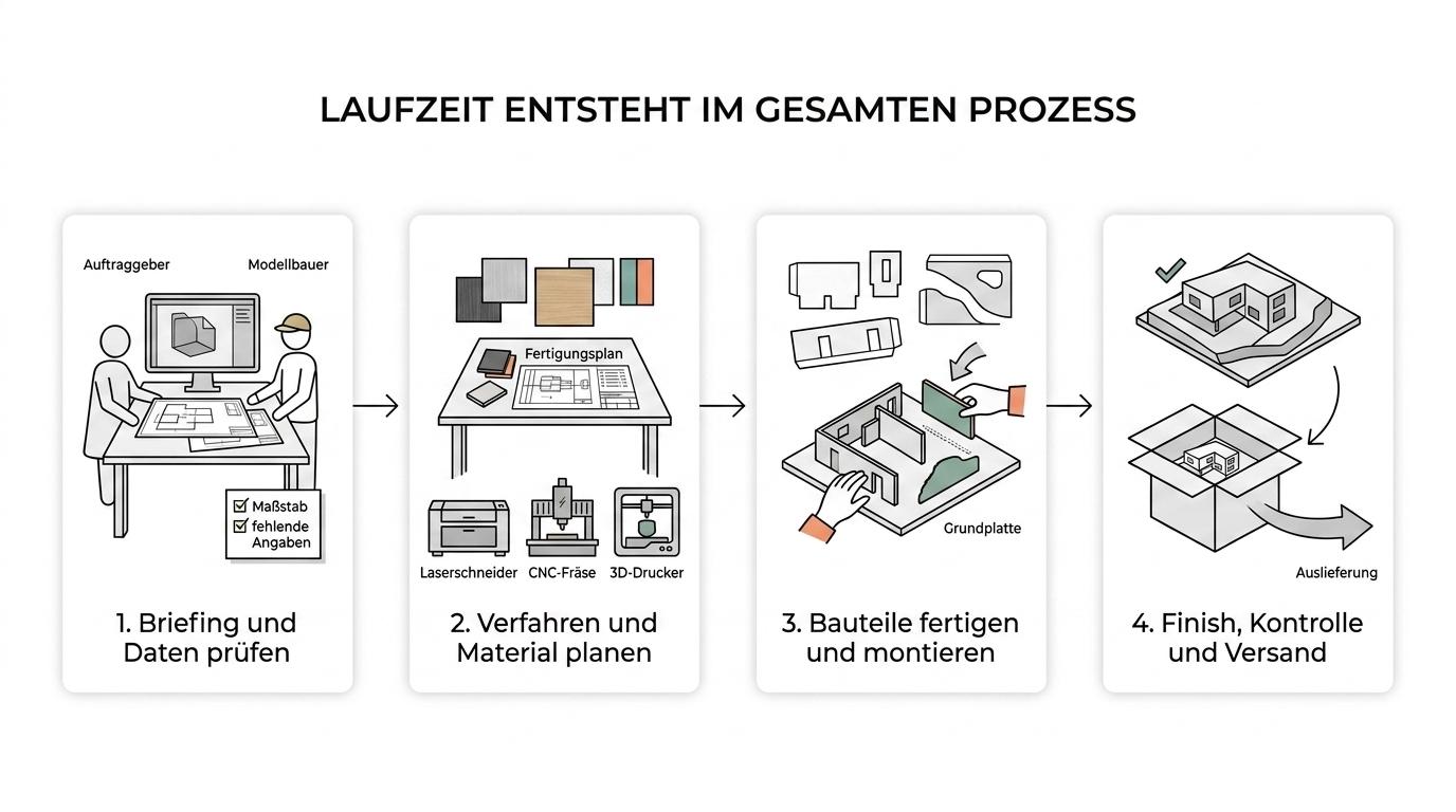 A step-by-step workflow of architectural model production from briefing and data check to fabrication, finishing, quality control, and delivery.